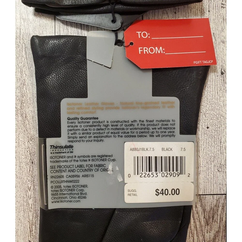 Vtg 2005 Isotoner Women's Black Leather Gloves Thinsulate Lined Size 7.5 NWT Y2K